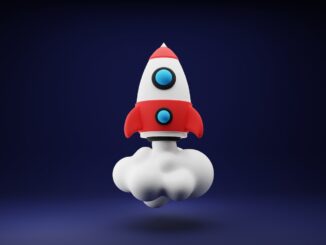 a red and white toy rocket on a blue background