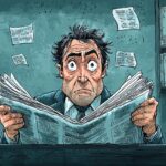 ai generated, newspaper, cartoon, reading, finance, reaction, news, humor, vintage, classic, man, editorial, expression, exaggerated, surprised, economy, business, media, shocked, sketch, old, crisis, journalism, drawing, satire