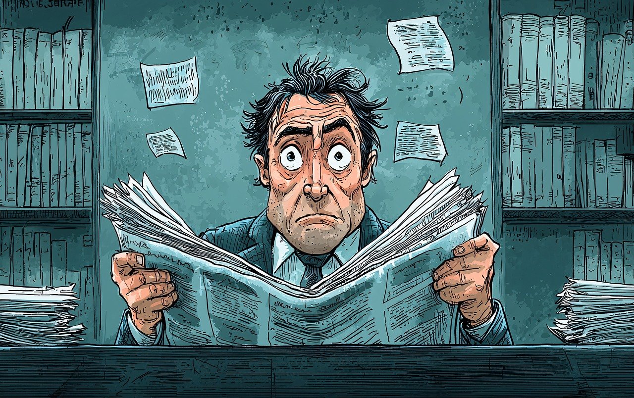 ai generated, newspaper, cartoon, reading, finance, reaction, news, humor, vintage, classic, man, editorial, expression, exaggerated, surprised, economy, business, media, shocked, sketch, old, crisis, journalism, drawing, satire