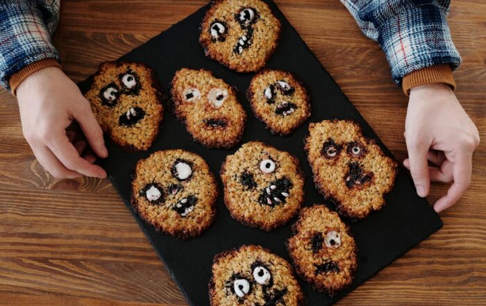 Homemade Halloween cookies shaped like monsters, perfect for a spooky treat.