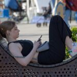 girl, smartphone, relaxing, park, rest, lying, bench, outdoors, public, urban, people