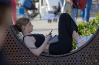 girl, smartphone, relaxing, park, rest, lying, bench, outdoors, public, urban, people