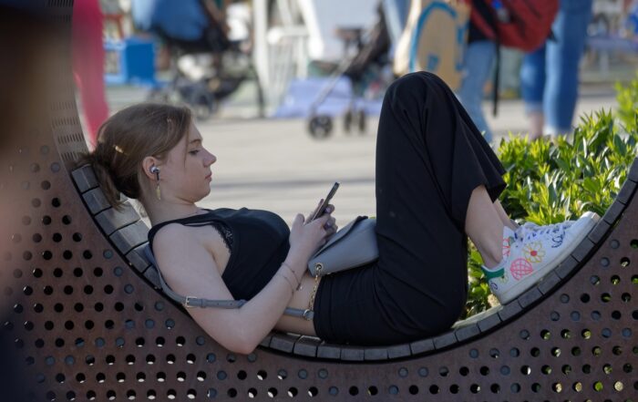 girl, smartphone, relaxing, park, rest, lying, bench, outdoors, public, urban, people
