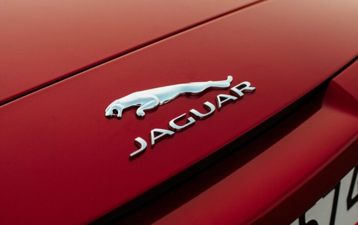 Detailed shot of Jaguar emblem on a red vehicle hood, emphasizing luxury.